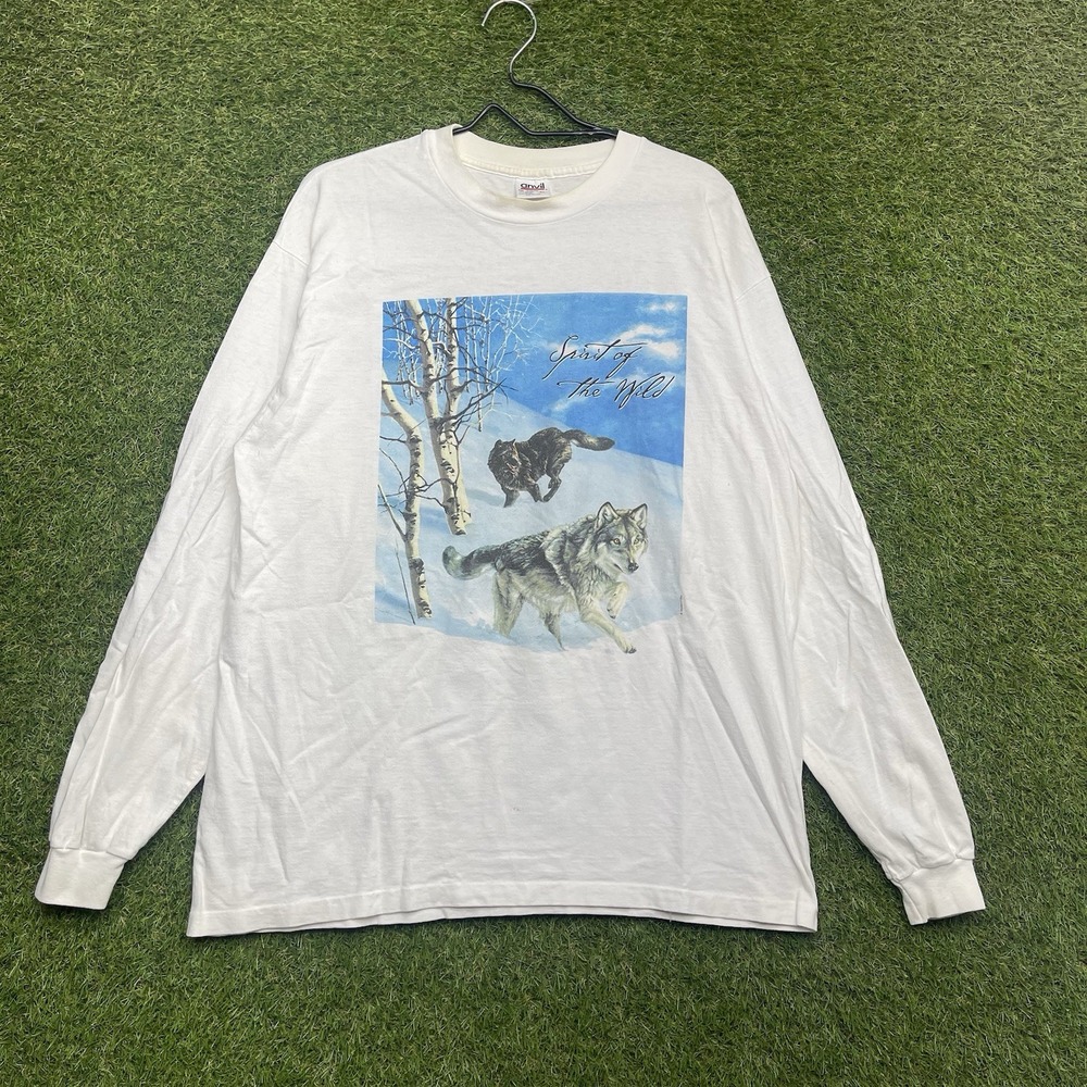 Vintage Wolves Long Sleeve Shirt Mens XL Spirit Of The Wild Nature White Crew